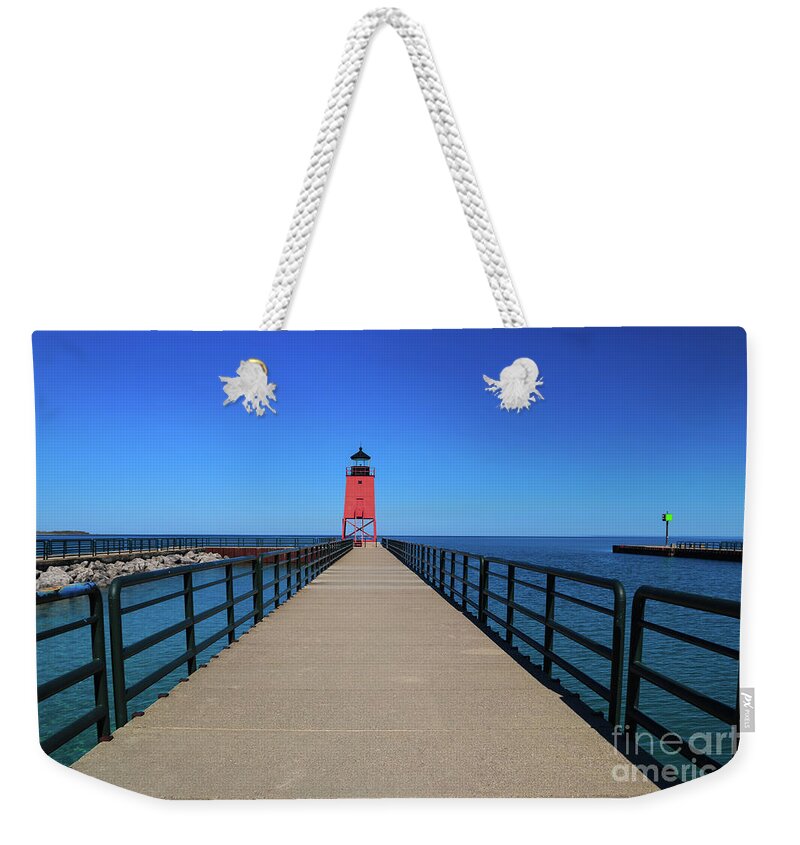 Charlevoix South Pier Light Station Weekender Tote Bag featuring the photograph Charlevoix South Pier Light Station by Rachel Cohen