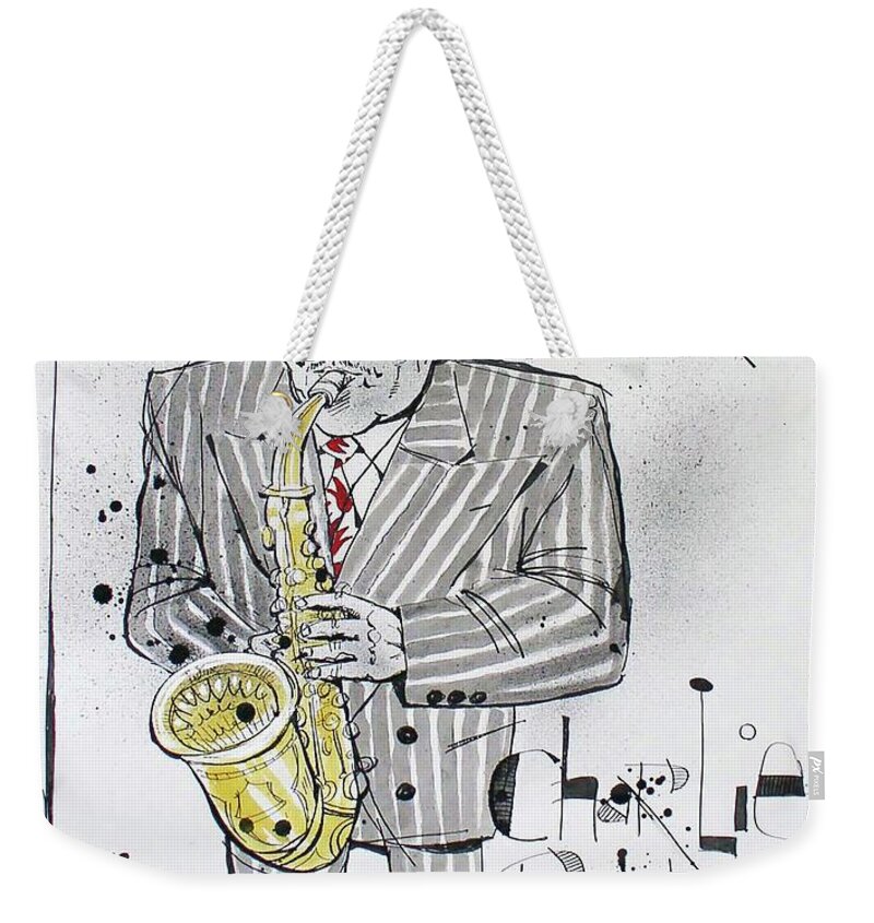  Weekender Tote Bag featuring the drawing Charlie Parker by Phil Mckenney