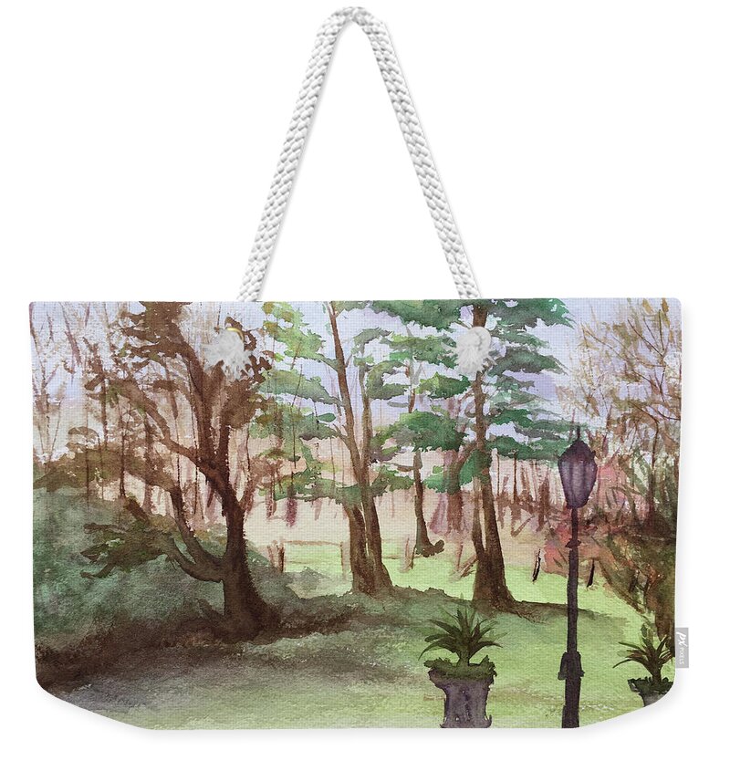 Landscape Weekender Tote Bag featuring the painting Stanhill Court in Charlwood by Roxy Rich