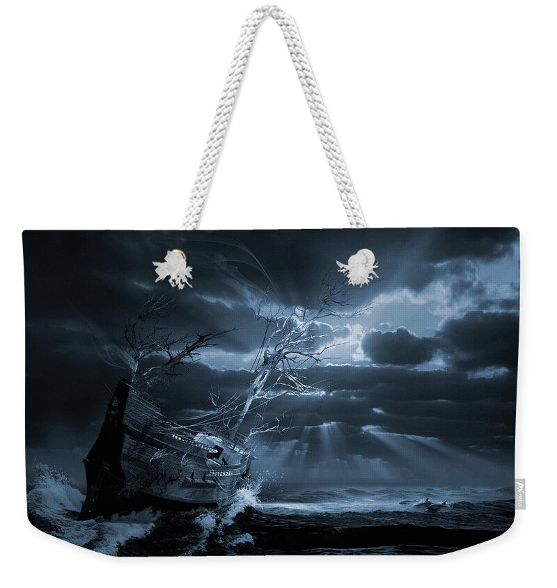 Ghost Ships Phantom Boat Supernatural Isolation Weekender Tote Bag featuring the digital art Chasing the light Ghost ship series by George Grie