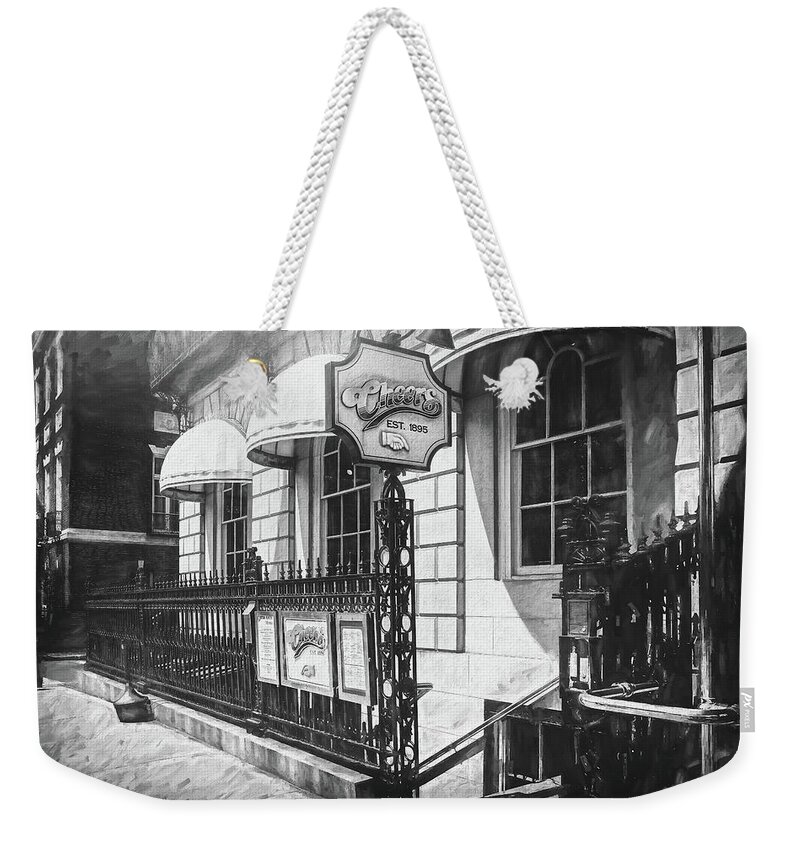 Boston Weekender Tote Bag featuring the photograph Cheers Bar Beacon Hill Boston Black and White by Carol Japp