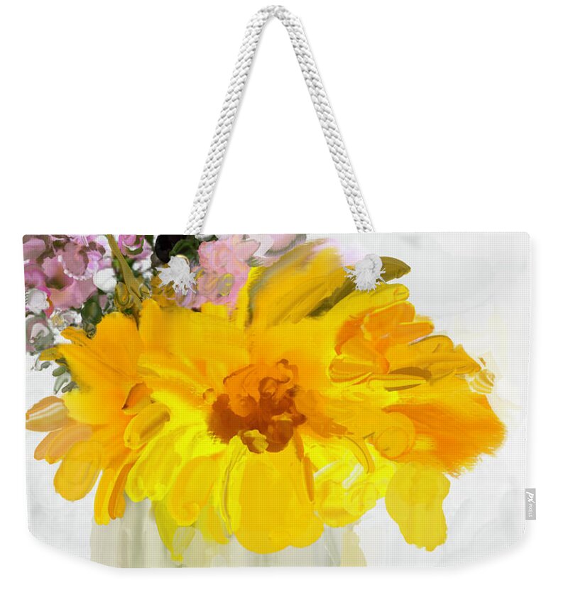 Vase Weekender Tote Bag featuring the digital art Cheery Sunflowers by Ramona Murdock