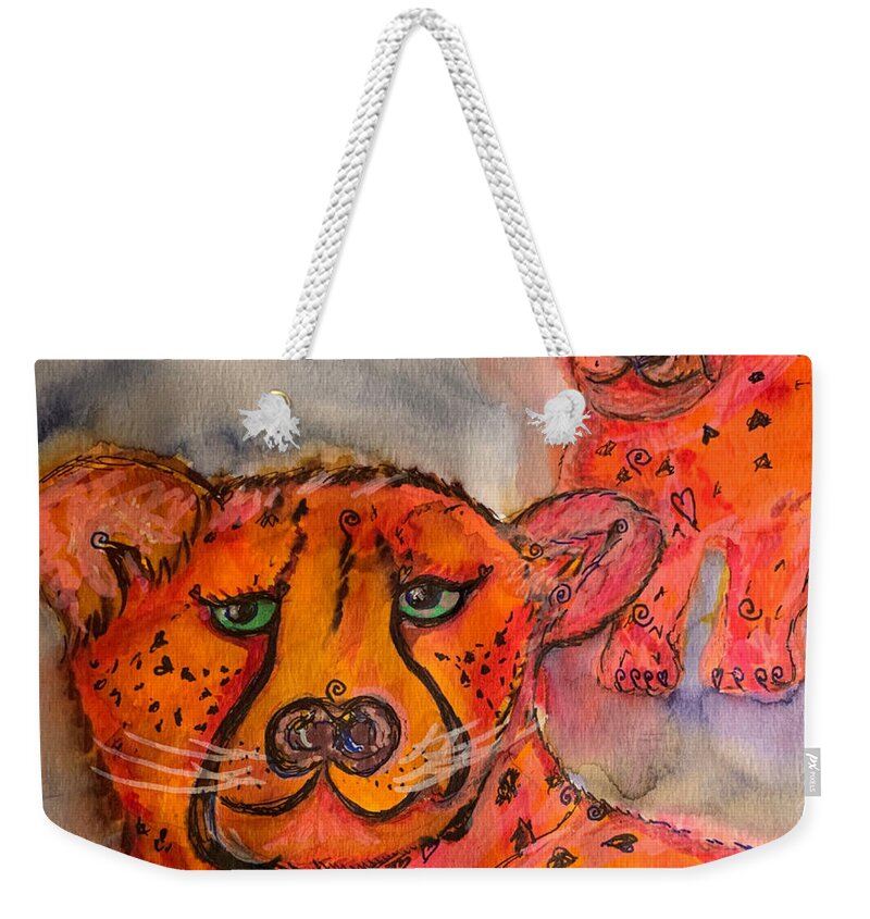 Cheetah Weekender Tote Bag featuring the painting Cheetahs by Sandy Rakowitz