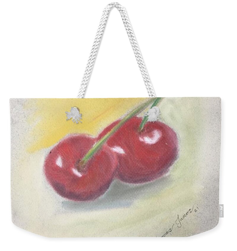 Pastels Weekender Tote Bag featuring the drawing Cherries by Thomas Janos