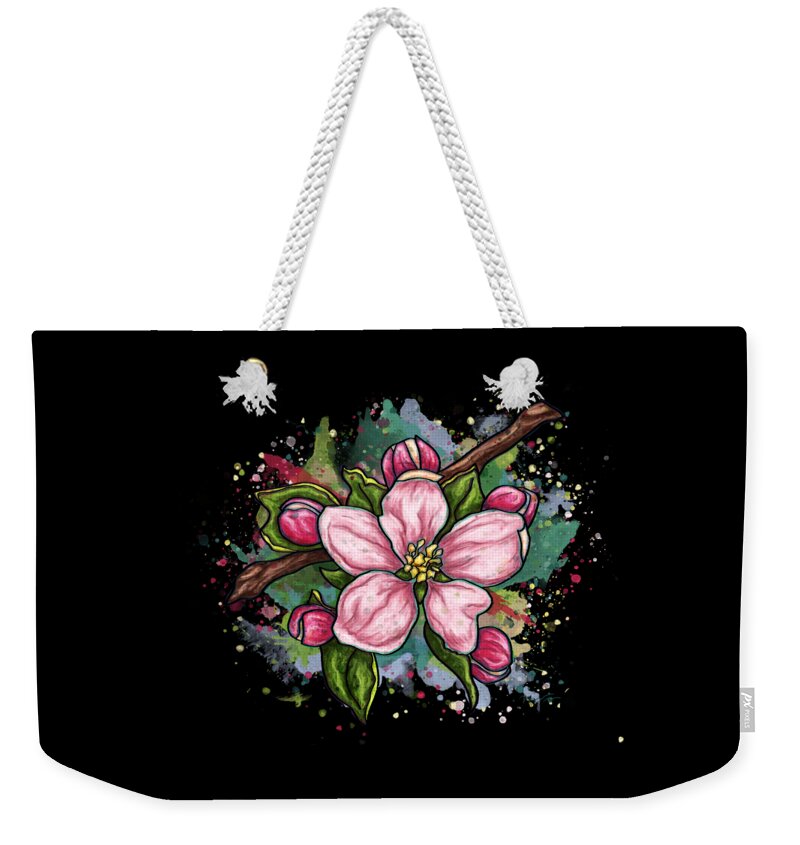 Flower Weekender Tote Bag featuring the painting Cherry blossom painting on black background, pink flower art by Nadia CHEVREL