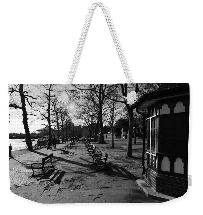 Cheshire Weekender Tote Bag featuring the photograph CHESTER. The Groves. Benches. by Lachlan Main