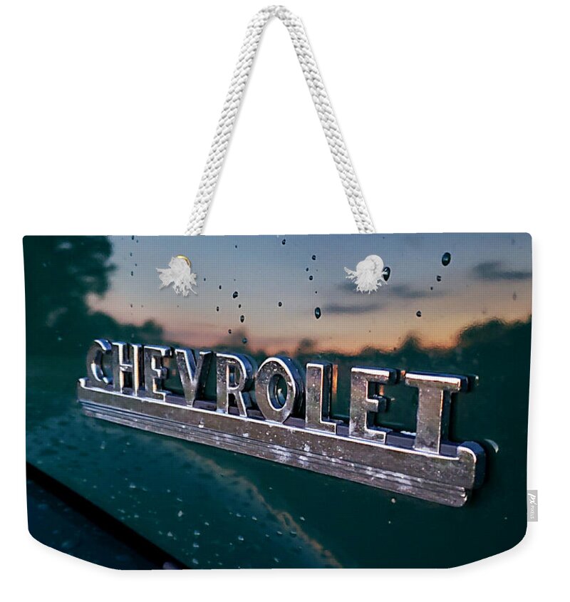 Chevy Weekender Tote Bag featuring the photograph Chevy Sunset Reflection by Alexis King-Glandon