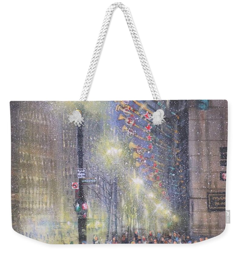 Chicago Weekender Tote Bag featuring the painting Chicago Clock by Tom Shropshire