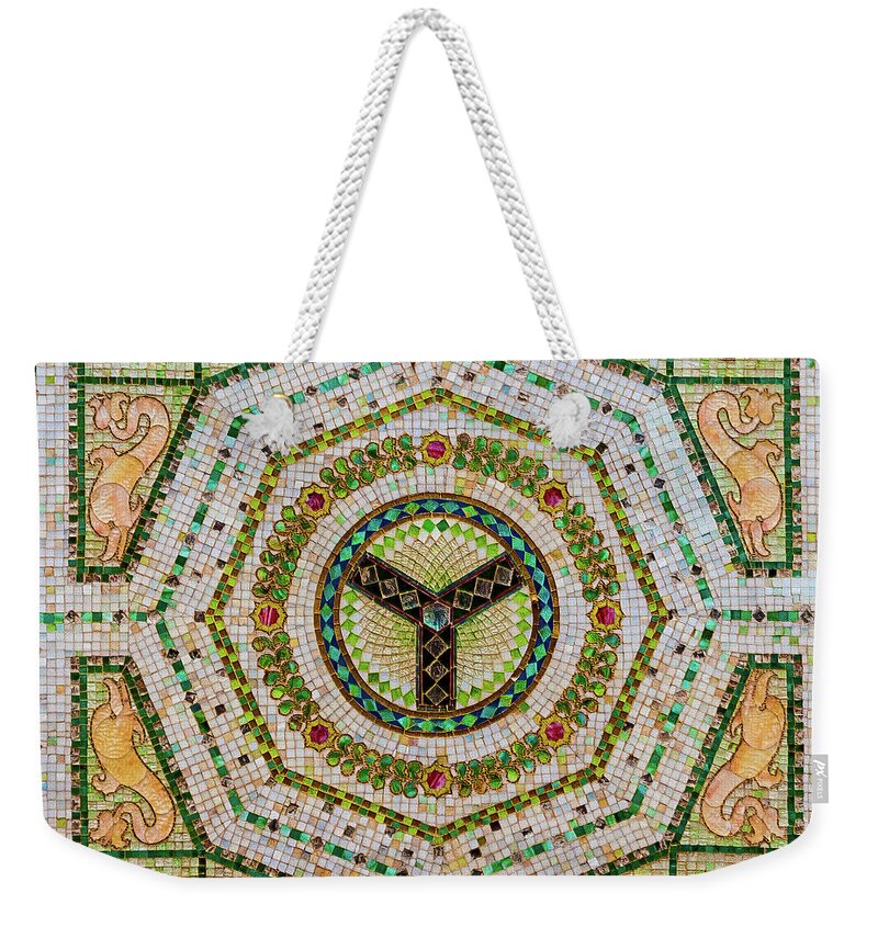 Art Weekender Tote Bag featuring the photograph Chicago Cultural Center Ceiling with Y Symbol in Mosaic by David Levin