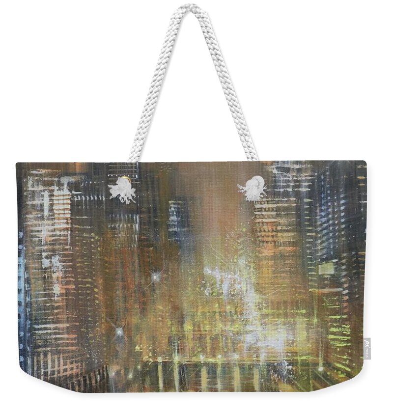 Chicago Weekender Tote Bag featuring the painting Chicago River Gold by Tom Shropshire