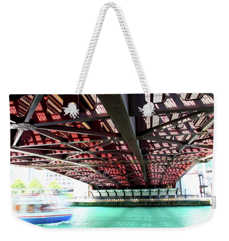 Architecture Weekender Tote Bag featuring the photograph Chicago Riverwalk Columbus Bridge Boat by Patrick Malon