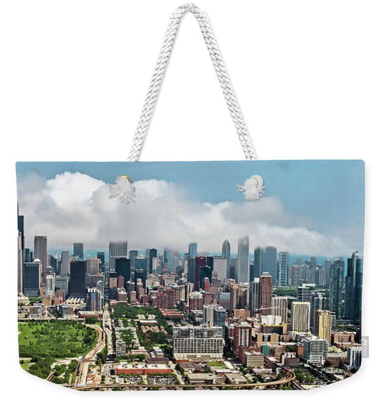 Chicago Weekender Tote Bag featuring the photograph Chicago Skyline Aerial View by David Oppenheimer