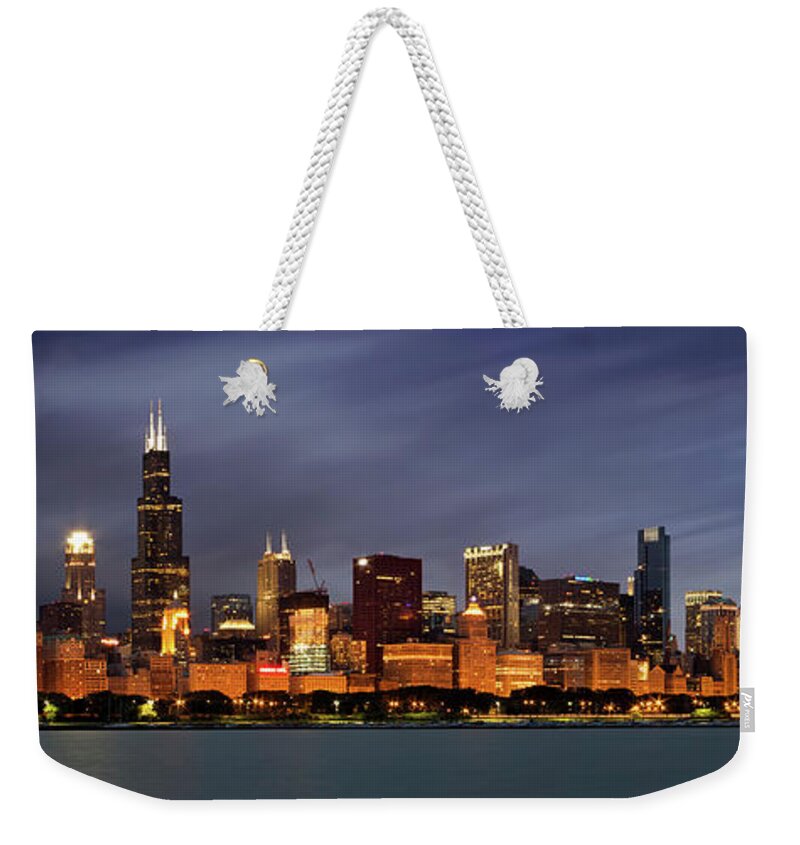 3scape Weekender Tote Bag featuring the photograph Chicago Skyline at Night Color Panoramic by Adam Romanowicz