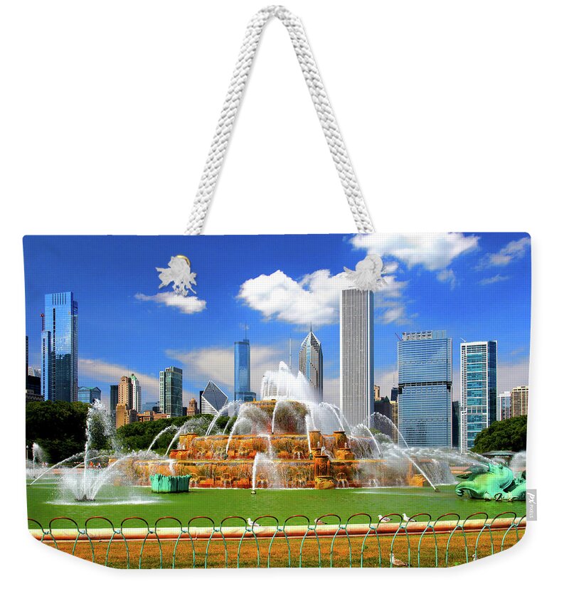 Architecture Weekender Tote Bag featuring the photograph Chicago Skyline Grant Park Buckingham Fountain by Patrick Malon