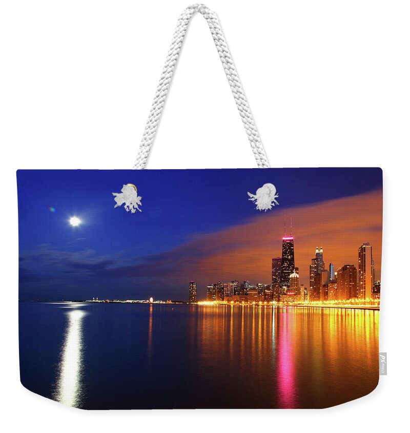 Architecture Weekender Tote Bag featuring the photograph Chicago Skyline Moonlight Water by Patrick Malon