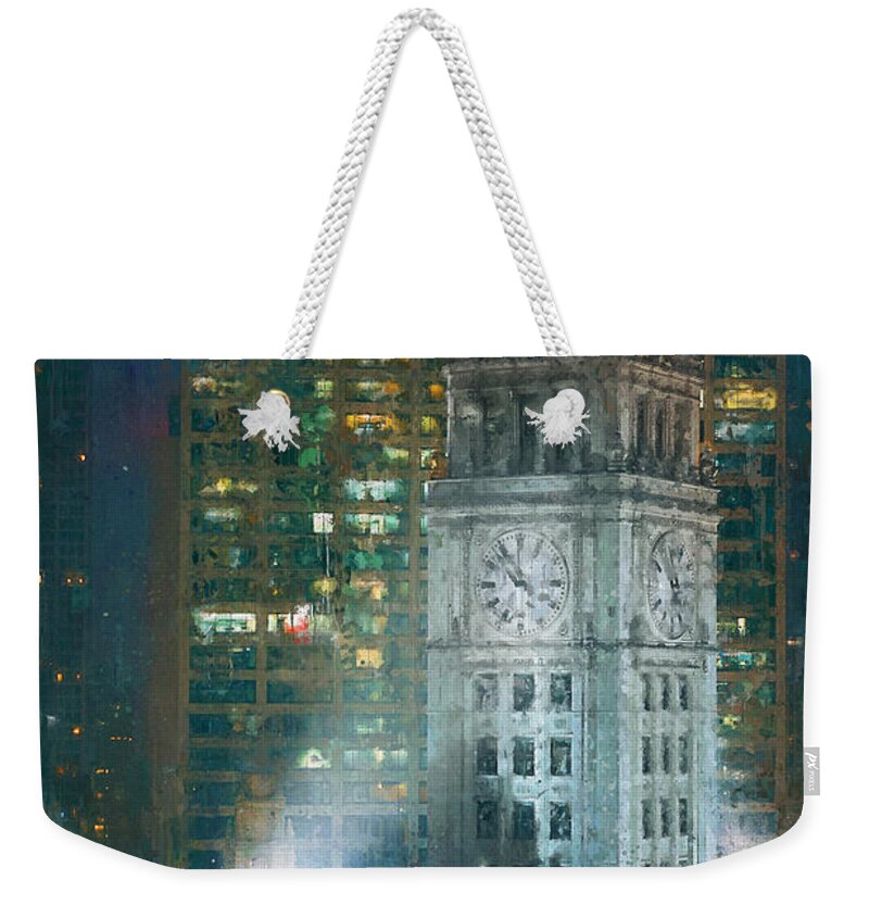 Chicago Weekender Tote Bag featuring the painting Chicago Wrigley Building at Christmas by Glenn Galen