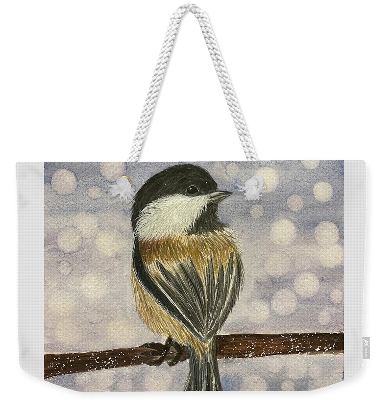 Chickadee Weekender Tote Bag featuring the painting Chickadee In Snow by Lisa Neuman