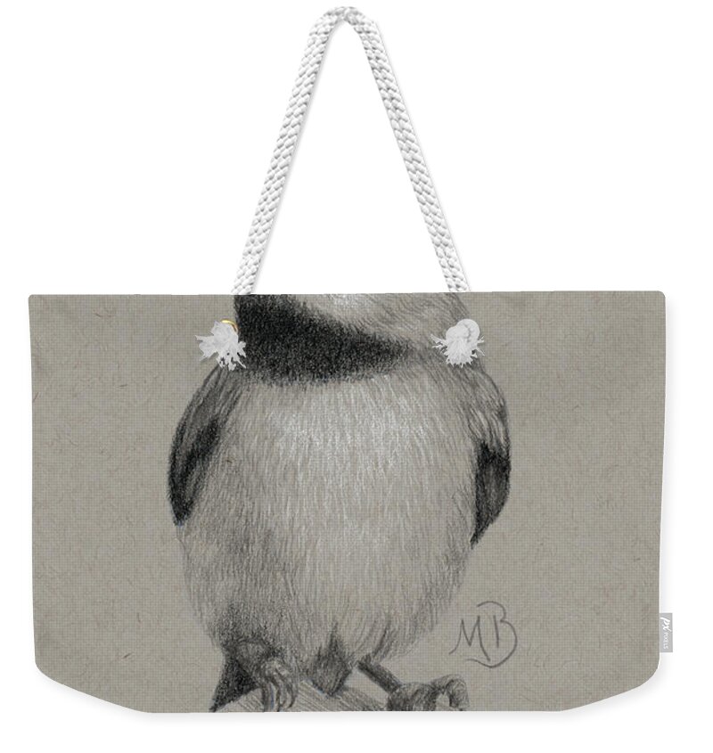 Chickadee Weekender Tote Bag featuring the drawing Chickadee by Monica Burnette