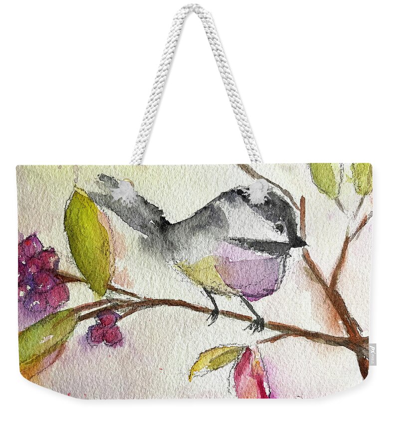 Watercolor Chickadee Weekender Tote Bag featuring the painting Chickadee perched in a Tree by Roxy Rich