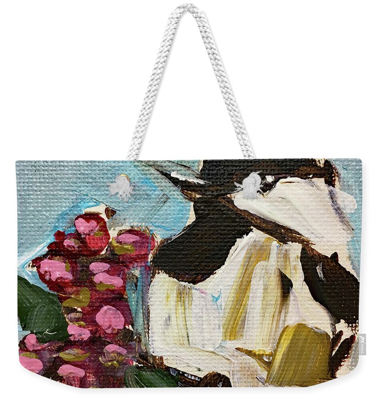 Chickadee Weekender Tote Bag featuring the painting Chickadee with Pink Berries by Roxy Rich