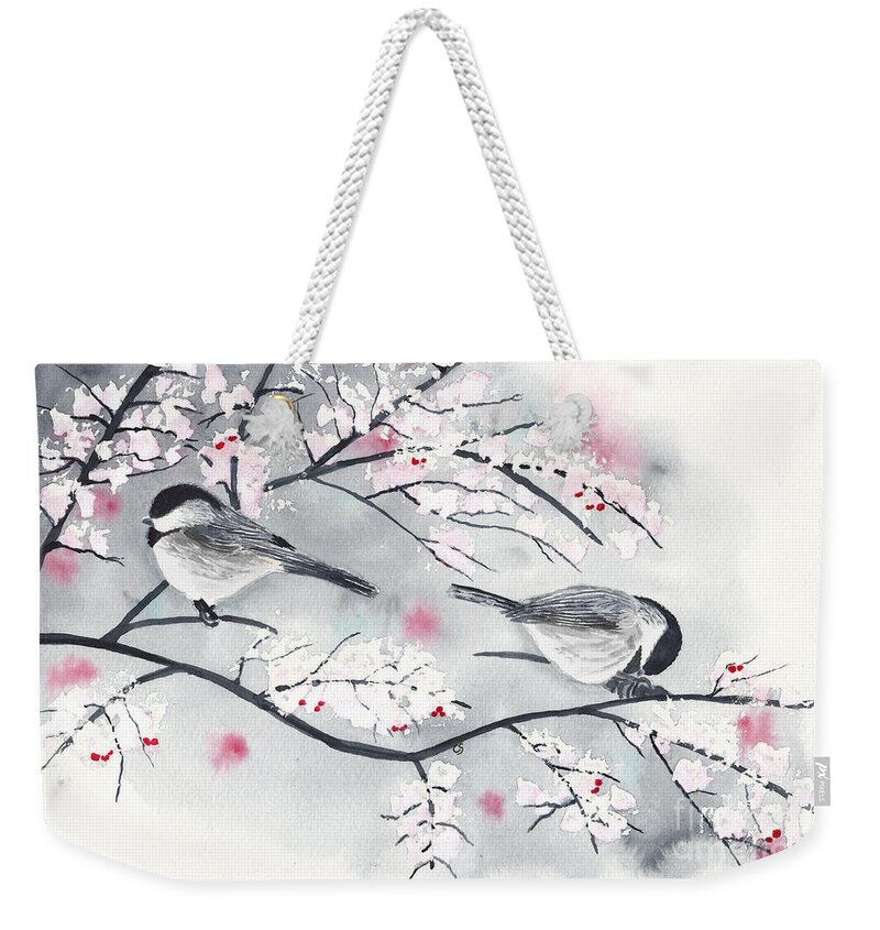 Chickadees Weekender Tote Bag featuring the digital art Chickadees in Winter Selective Color by Conni Schaftenaar