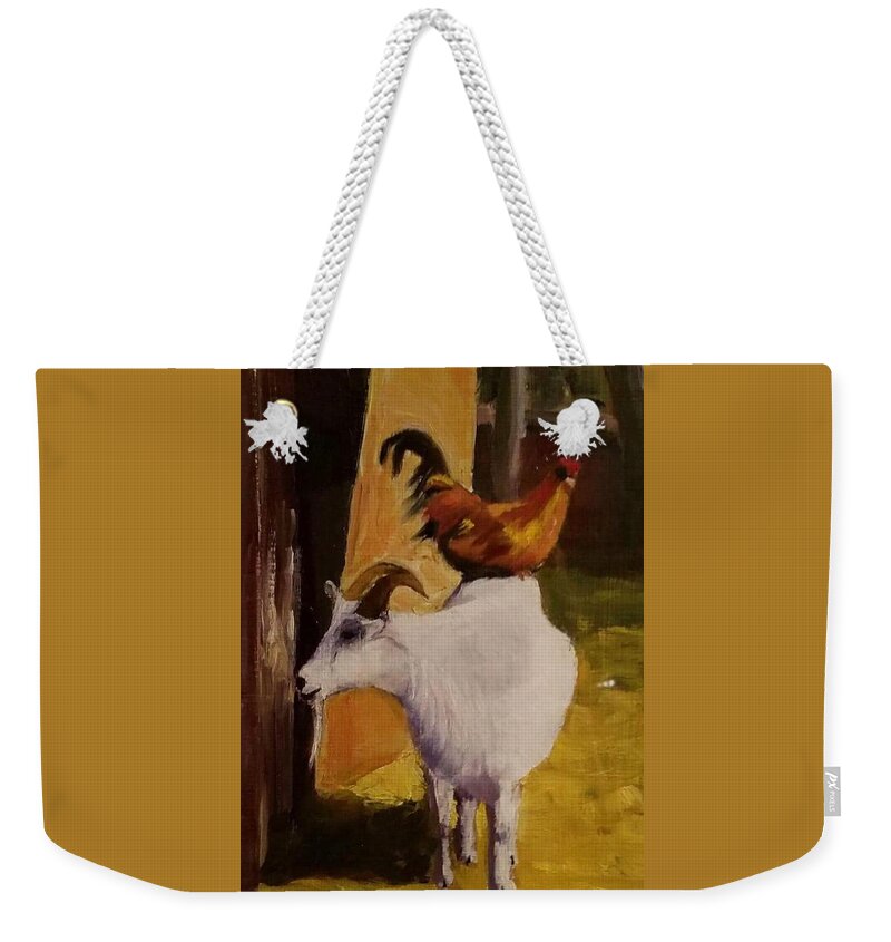 Goat Weekender Tote Bag featuring the painting Chicken on a Goat by Shawn Smith