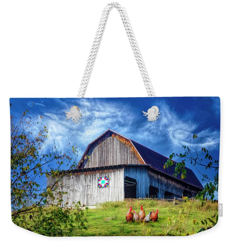 Vintage Weekender Tote Bag featuring the photograph Chickens at the Farm Barn by Debra and Dave Vanderlaan