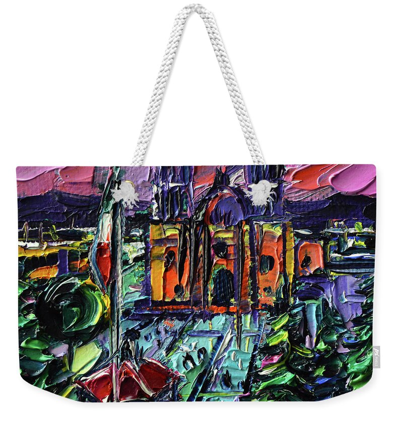 Chihuahua Mexico Weekender Tote Bag featuring the painting CHIHUAHUA MEXICO miniature oil painting abstract cityscape on 3D canvas by Mona Edulesco