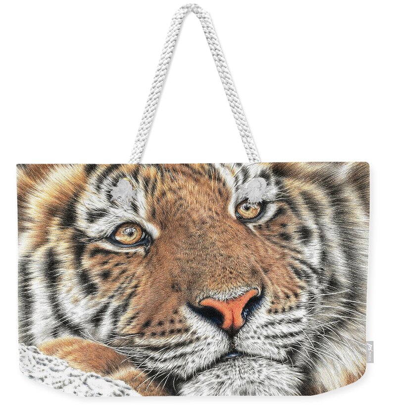 Tiger Weekender Tote Bag featuring the drawing Chillin Tiger by Casey 'Remrov' Vormer