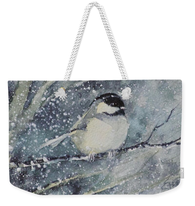 Chickadee Weekender Tote Bag featuring the painting Chilly Chickadee WC by Linda Eades Blackburn