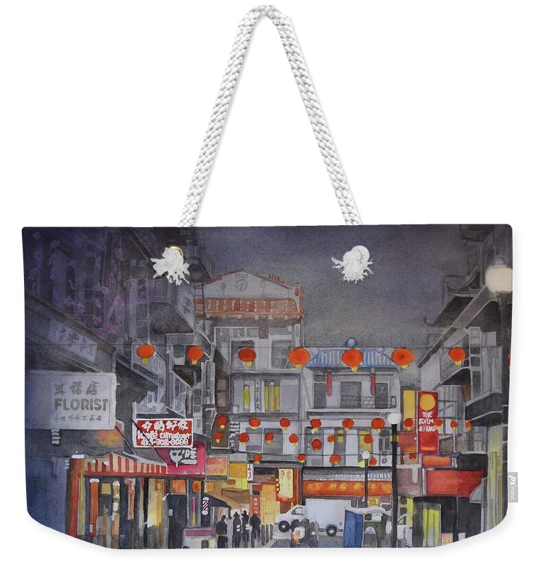 Chinatown Weekender Tote Bag featuring the painting China Lights, SF by Gerald Carpenter