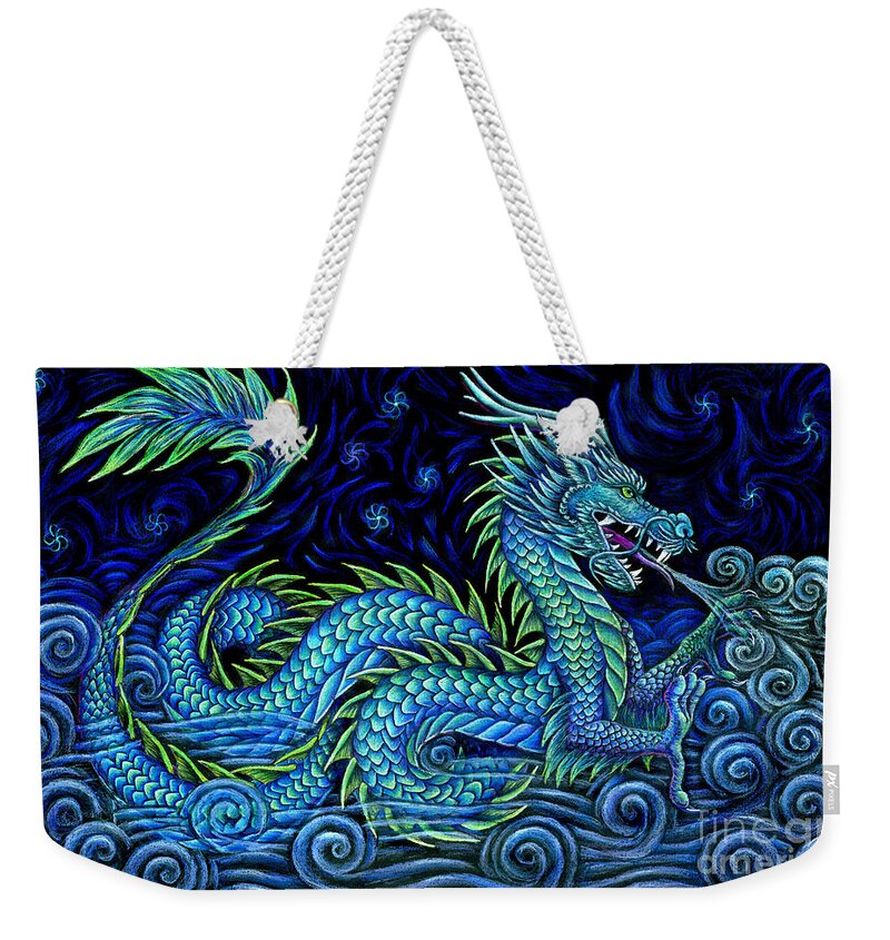 Chinese Dragon Weekender Tote Bag featuring the drawing Chinese Azure Dragon by Rebecca Wang