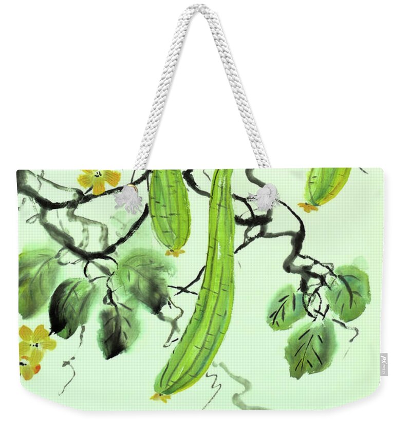 Cucumber Weekender Tote Bag featuring the painting Chinese Cucumber - no Cally by Birgit Moldenhauer