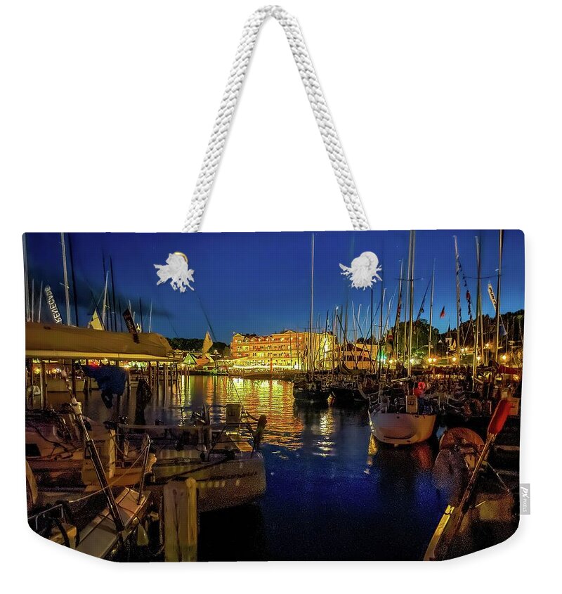 Ohana Weekender Tote Bag featuring the photograph Chippewa Hotel and Pink Pony at Night IMG_4815 by Michael Thomas
