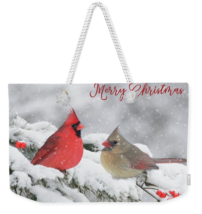 Cardinal Weekender Tote Bag featuring the mixed media Christmas Cardinals by Lori Deiter