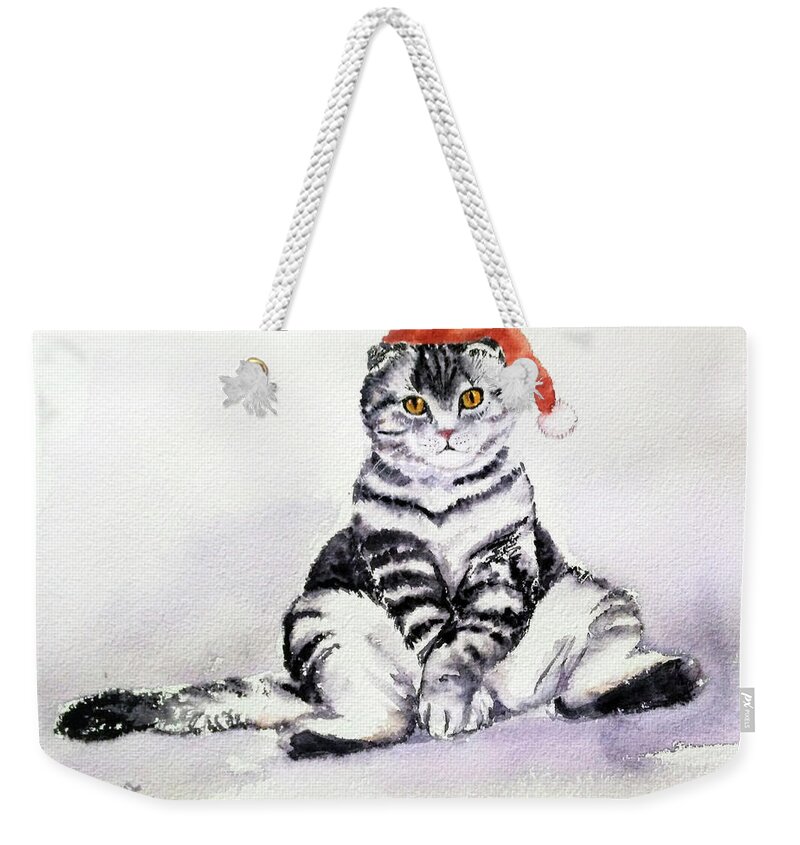 Cat Weekender Tote Bag featuring the painting Christmas Cat by Asha Sudhaker Shenoy
