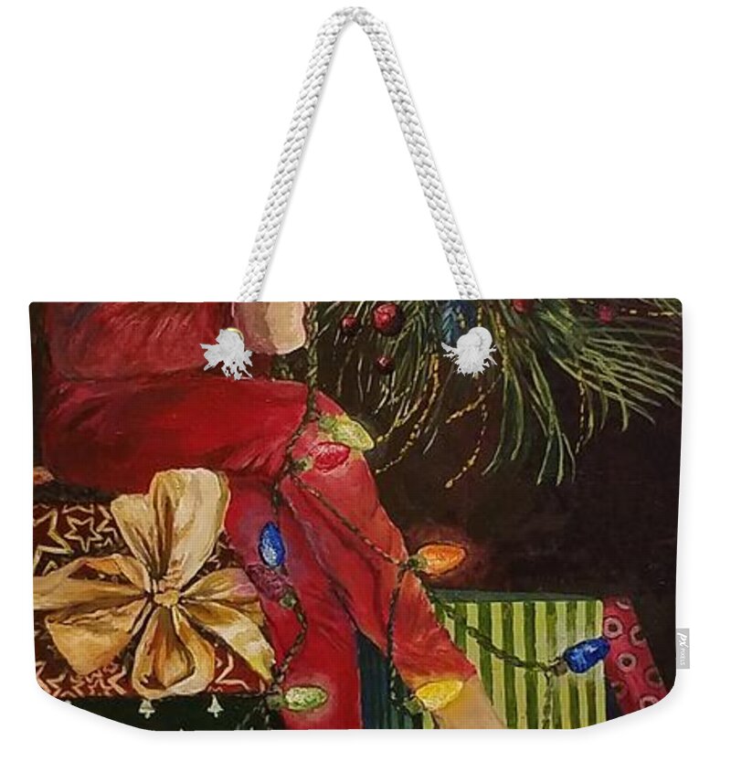Christmas Weekender Tote Bag featuring the painting Christmas elves by Merana Cadorette