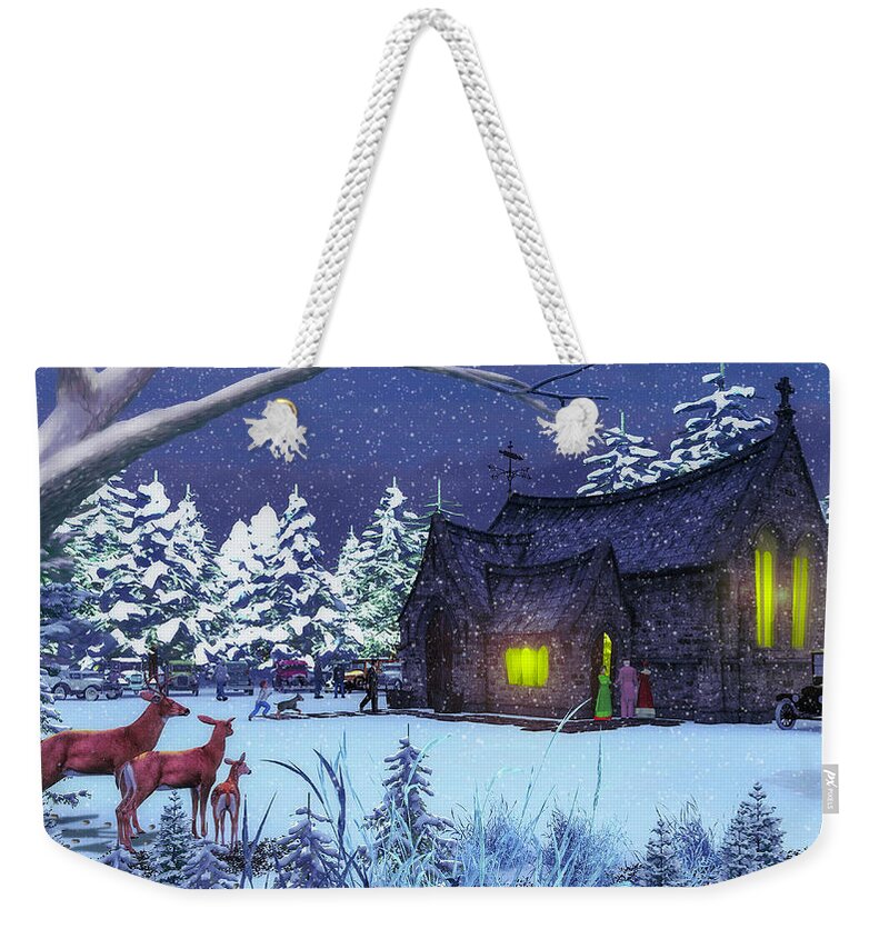 1930s Weekender Tote Bag featuring the digital art Christmas Eve Visitors at the Old Church by Ken Morris