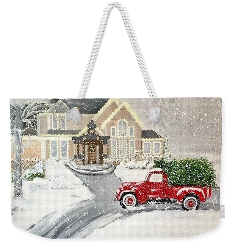 Christmas Weekender Tote Bag featuring the painting Christmas in Montana by Juliette Becker