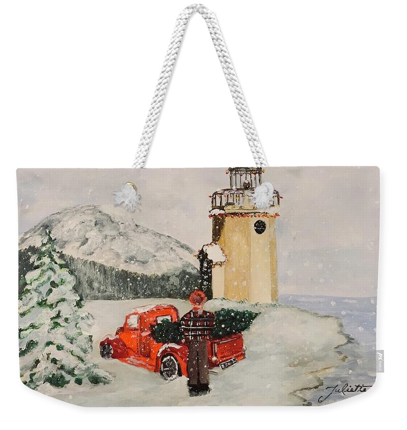 Rainier Weekender Tote Bag featuring the painting Christmas in the Harbor by Juliette Becker