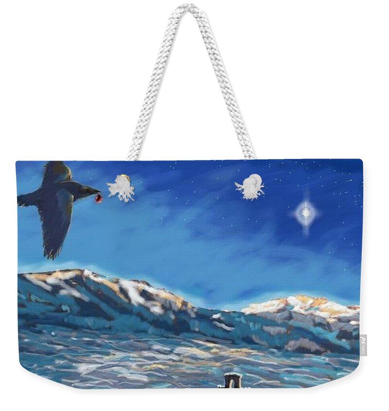 Yellowstone Weekender Tote Bag featuring the digital art Christmas Raven by Les Herman
