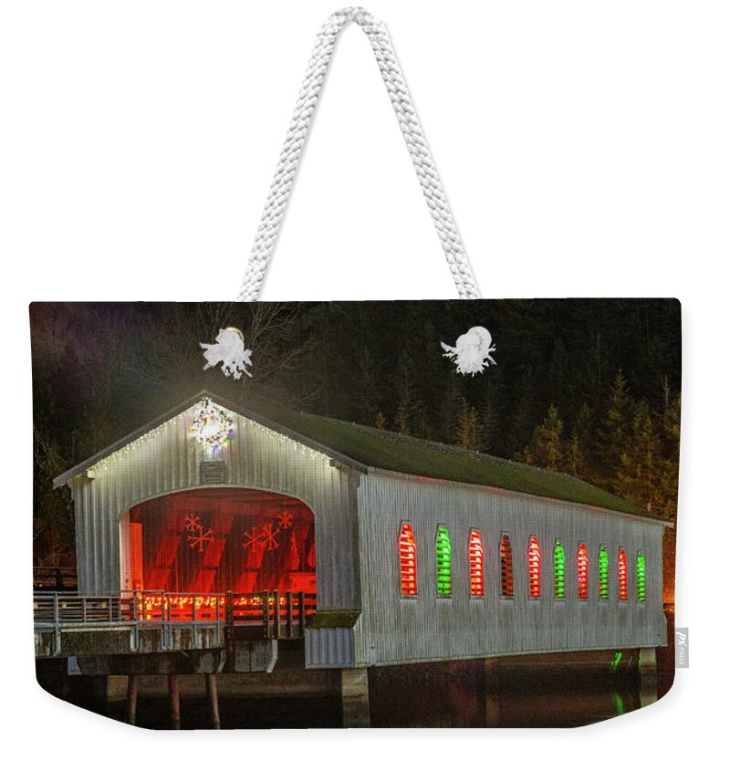 Lowell Covered Bridge Weekender Tote Bag featuring the photograph Christmas Reflections at Lowell Covered Bridge by Matthew Irvin