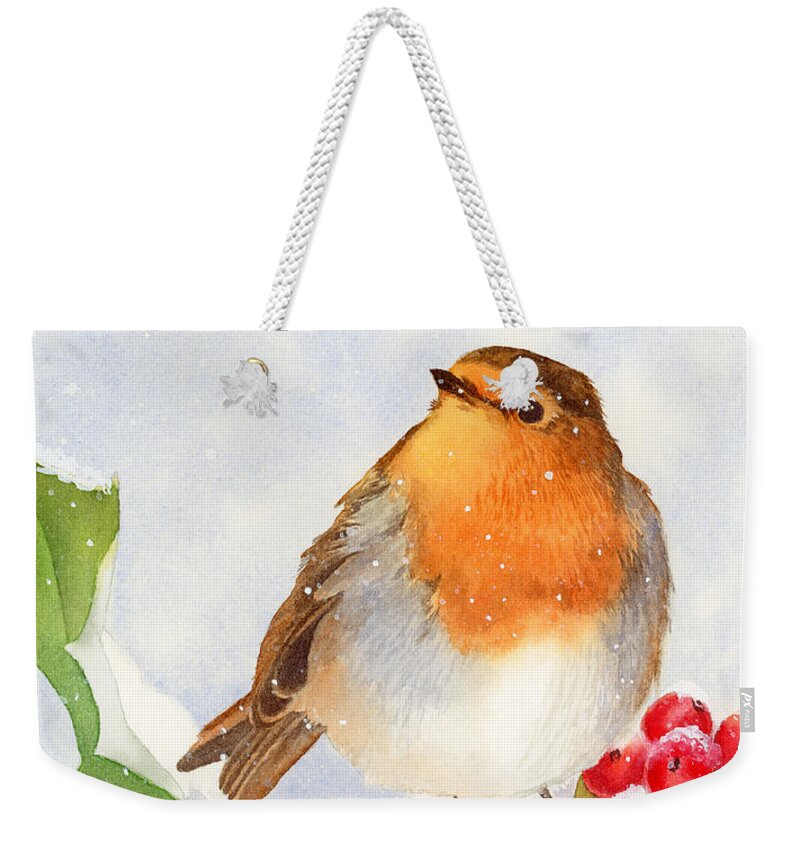 Christmas Weekender Tote Bag featuring the painting Christmas Robin by Espero Art