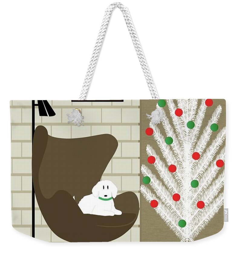 Mid Century Dog Weekender Tote Bag featuring the digital art Christmas Room with White Dog by Donna Mibus