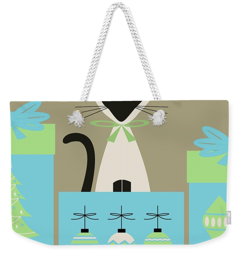 Mid Century Cat Weekender Tote Bag featuring the digital art Christmas Siamese in Box by Donna Mibus