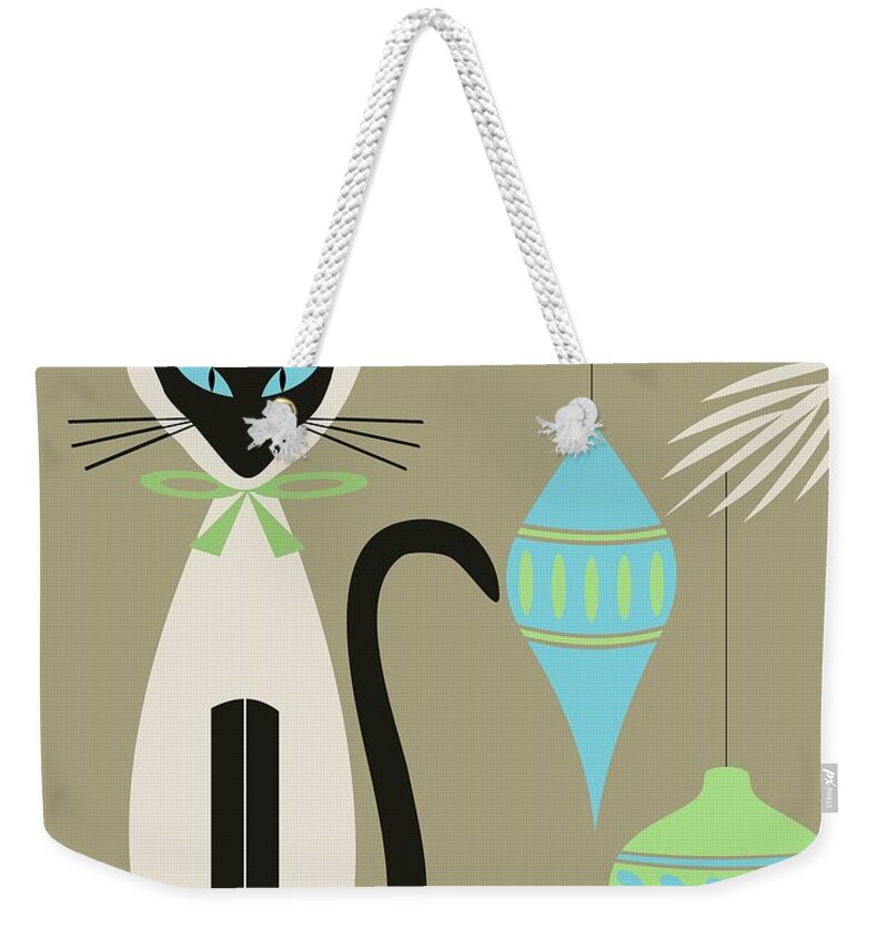 Mid Century Cat Weekender Tote Bag featuring the digital art Christmas Siamese with Ornaments by Donna Mibus