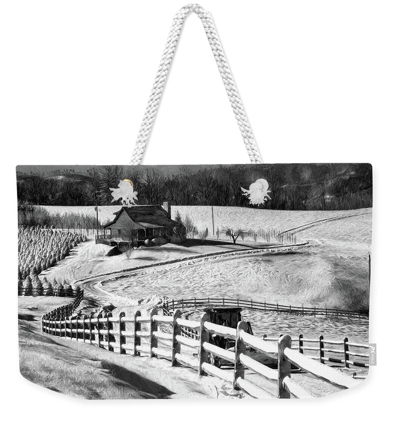 North Carolina Weekender Tote Bag featuring the photograph Christmas Tree Ranch in Snow bw by Dan Carmichael