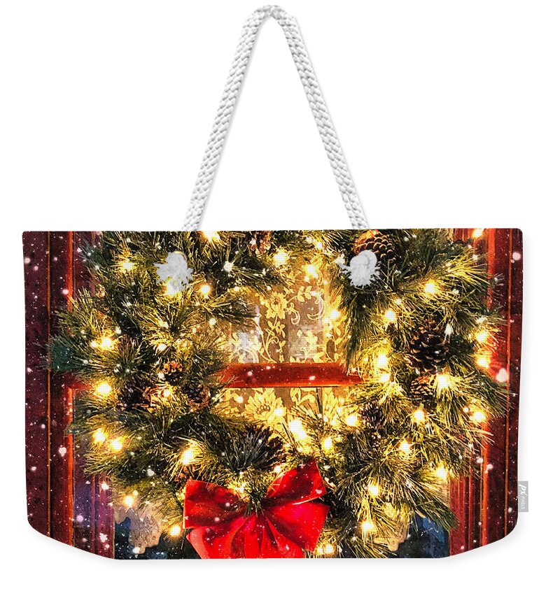 Christmas Weekender Tote Bag featuring the digital art Christmas Wreath and Snow by Russ Considine