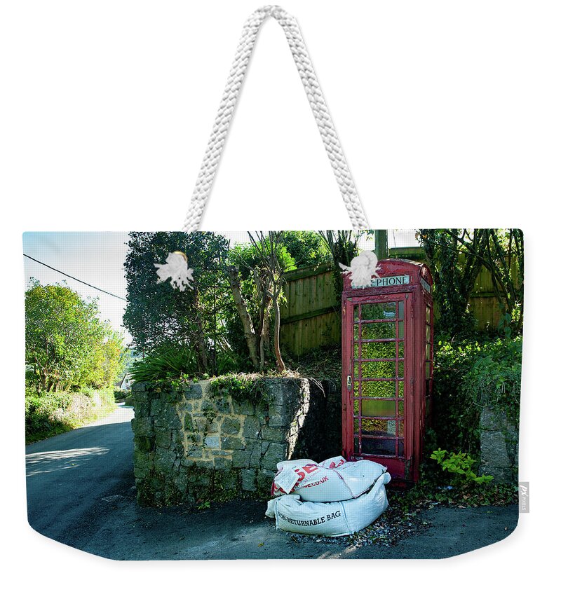 Christow Red Telephone Box Dartmoor Weekender Tote Bag featuring the photograph Christow Red Telephone Box Dartmoor by Helen Jackson