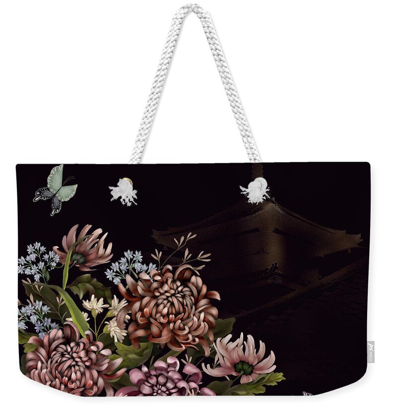 Chinoiserie Weekender Tote Bag featuring the digital art Chrysanthemums and Butterflies Glitter Temple Chinoiserie by Sand And Chi
